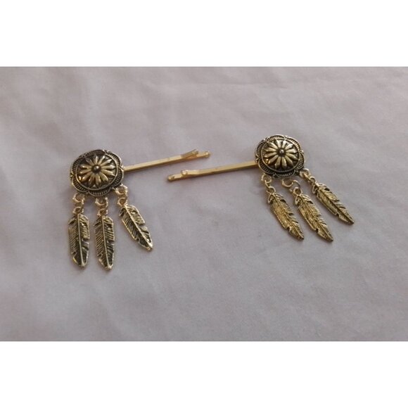 Vintage Gold Tone Feather Hairpins Bobby Pins Western Concho Design For Womens - Picture 1 of 4